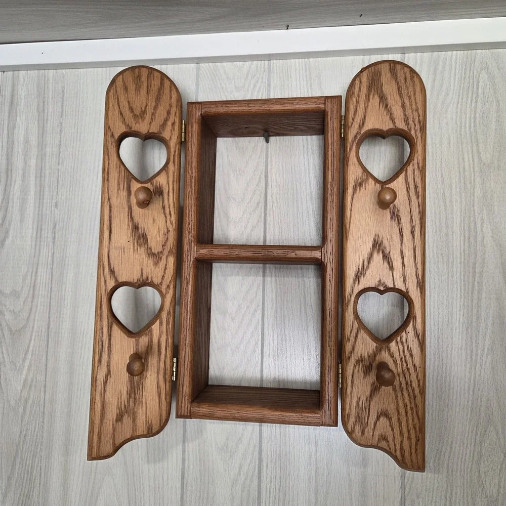 Vintage Wood 3 Level Display Shelf / Flip Open Heart Doors Hat Dowels Pegs